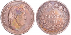 Louis-Philippe Ier (1830-1848) - 5 francs tête laurée 1er type tranche en relief 1831 Q (Perpignan)
TB+
Ga.677a-F.320
Ar ; 24.44 gr ; 37 mm