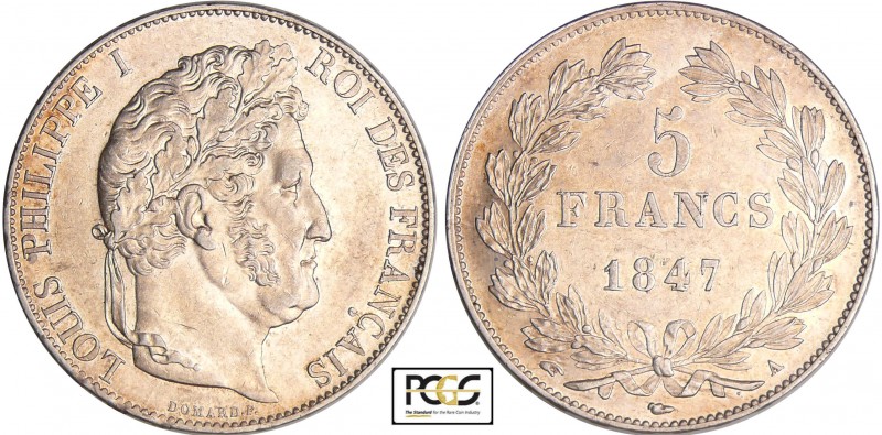 Louis-Philippe Ier (1830-1848) - 5 francs tête laurée 3ème type 1847 A (Paris)
...