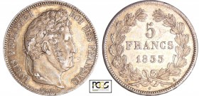 Louis-Philippe Ier (1830-1848) - 5 francs tête laurée 2ème type 1833 A (Paris)
PCGS AU 55
Ga.678-F.324
Ar ; 24.88 gr ; 37 mm
PCGS #31756041.