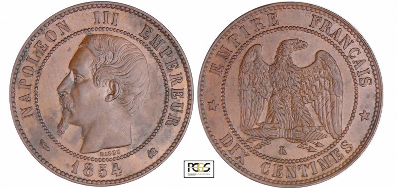 Napoléon III (1852-1870) - 10 centimes tête nue 1854 K (Bordeaux)
PCGS AU 58
G...