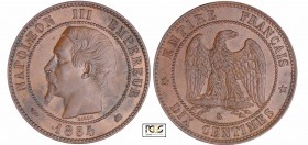 Napoléon III (1852-1870) - 10 centimes tête nue 1854 K (Bordeaux)
PCGS AU 58
Ga.248-F.133
Br ; 10.06 gr ; 30 mm
PCGS # 83890610.