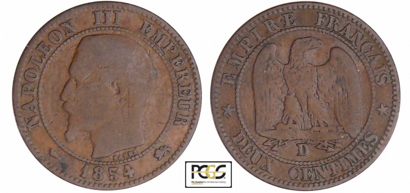 Napoléon III (1852-1870) - 2 centimes tête nue 1854 D (Lyon) grand D
PCGS VG 10...