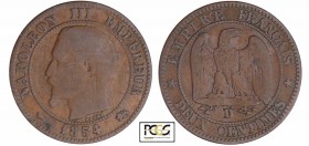 Napoléon III (1852-1870) - 2 centimes tête nue 1854 D (Lyon) grand D
PCGS VG 10
Ga.103-F.107
Br ; 1.91 gr ; 20 mm
PCGS # 83890644.
