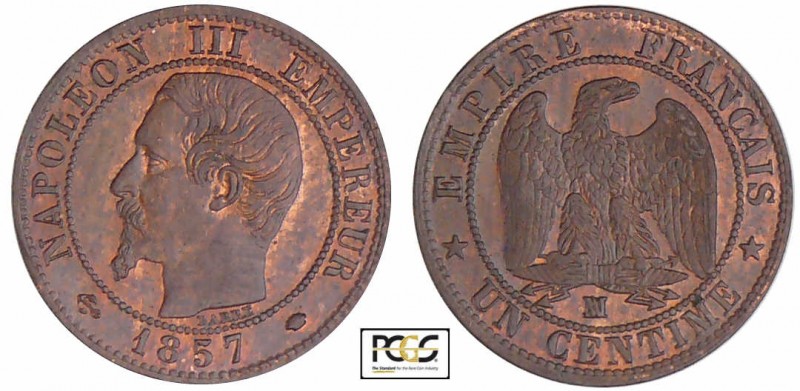 Napoléon III (1852-1870) - 1 centime tête nue 1857 MA (Marseille)
PCGS MS 63 BN...