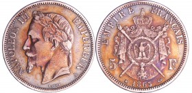 Napoléon III (1852-1870) - 5 francs tête laurée 1863 A (Paris)
TTB
Ga.739-F.331
Ar ; 24.81 gr ; 37 mm
Monnaie frappée à 14.997 exemplaires. Traces...