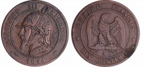 Napoléon III (1852-1870) - Satirique - 10 centimes 1854 A (Paris) gravé d'un casque à pointe
TTB
--
Br ; 9.74 gr ; 30 mm
