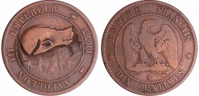 Napoléon III (1852-1870) - Satirique - 10 centimes 1853 A (Paris) gravé d'une tête de cochon
TB
--
Br ; 8.82 gr ; 30 mm