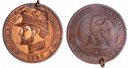 Napoléon III (1852-1870) - Satirique - 10 centimes -- MA (Marseille) gravé BOULANGER
TB
--
Br ; 9.53 gr ; 30 mm
Monnaie avec une belière.
