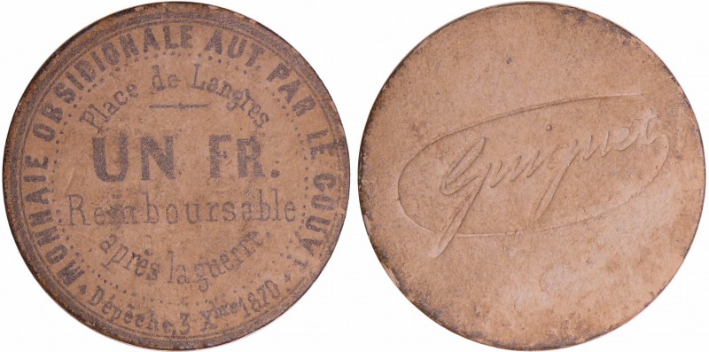 Siège de Langres 1870 - 1 franc en carton
TTB
MO-4.8.8.3
Carton ; 0.56 gr ; 3...