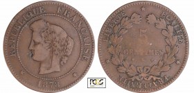 Troisième république (1871-1940) - 5 centimes Cérès 1878 K (Bordeaux)
PCGS VF 25
Ga.157-F.118
Br ; 4.22 gr ; 25 mm
PCGS # 83890642.