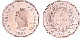 Troisième république (1871-1940) - 5 centimes 1881 A (Paris) essai flan 12 pans
FDC
Maz.2250-EMPF 11.1
Maillechort ; 2.54 gr ; 20 mm