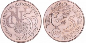 Cinquième république (1959- ) - 5 francs cinquantenaire de l'ONU 1995
SUP+ à SPL
Ga.776
Cupro-Nickel ; 10.04 gr ; 29 mm