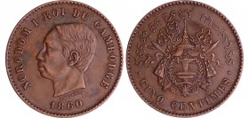 Cambodge - Norodom 1er (1860-1904) - 5 centimes 1860 (émission de Phnom Penh 1899)
TTB+
Lecompte.14a
br ; 4.98 gr ; 25 mm