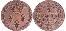 Cayenne (Guyane) - Louis XVI (1774-1793) - 2 sous 1781 A (Paris)
SUP
Lecompte.12
Cu ; 1.58 gr ; 22 mm