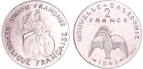 Nouvelle Calédonie - 2 francs 1948 sans listel
SUP
Lecompte.30
Al ; 2.26 gr ; 27 mm
Monnaie frappée à 10 exemplaires sur flan en aluminium.