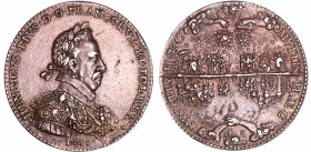 Henri III - Médaille - l'édit d'Union de juillet 1588
Champ divisé en deux parties : en haut des habitants allant vers une armée, au-dessus FH [Fides...