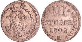 Allemagne - Duché de Berg - Herzog Maximilian Joseph (1799-1806) - III Stuber 1802 R (Düsseldorf)
SUP
ASK.5
Bill ; 1.77 gr ; 21 mm