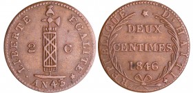 Haïti - 2 centimes AN 45 - 1846
SUP
KM#26
Cu ; 5.09 gr ; 24 mm