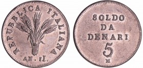 Italie - République italienne (Lombardie) - 5 denari ANNO II, épreuve en étain
SPL
LMN.940
Etain ; 8.59 gr ; 24 mm