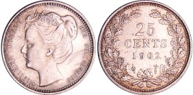 Pays-Bas - Wilhelmina (1890-1948) - 25 cents 1902
SUP+
Munt-Almanak.855
Ar ; 3.57 gr ; 19 mm