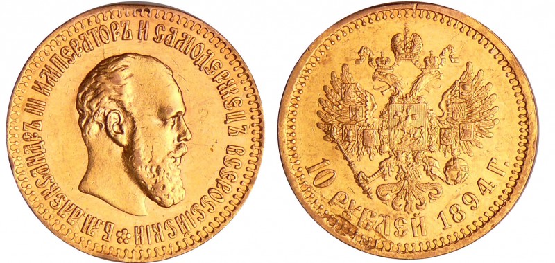 Russie - Alexandre III (1881-1894) - 10 Roubles 1894 АГ Saint-Pétersbourg
TTB+...
