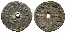 Kingdom of Castille and Leon. Alfonso VII (1126-1157). Dinero. Toledo. (Bautista-154 var). Anv.: Lion on a chalice, A-E on both sides of the stem . Re...