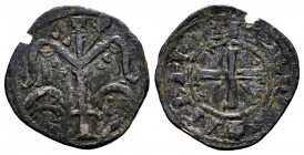 Kingdom of Castille and Leon. Alfonso IX (1188-1230). Dinero. Coruña. (Bautista-241.1). Ve. 0,73 g. Crescent the left and venerates with stem to the r...