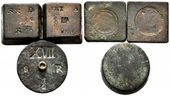 Lot of 3 Ponderales for 8 Reales. Three pieces of different formats and with a great variety of countermarks and Yoke/arrows on the back (Weights: 25,...