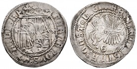 Catholic Kings (1474-1504). 1 real. Granada. (Cal-365). Anv.: FERNANDVS : ET : hELISA. Rev.: + REX : ET REGINA : CAST · LIGI. Ag. 3,35 g. Retains coll...
