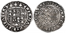 Catholic Kings (1474-1504). 1 real. Sevilla. (Cal-411). Anv.: FERNANDVS : ELISABER : . Shield flanked by ⠸ -⠸. Crown ornamented by 8 dots. Rev.: + : 7...