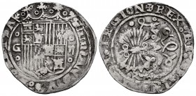 Catholic Kings (1474-1504). 2 reales. Granada. (Cal-498). Ag. 6,72 g. Shield between G and II, flanked by roundels. Assayer R under yoke and arrows. V...