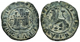 Philip II (1556-1598). 2 maravedis. Cuenca. X. (Cal-56). Ae. 3,57 g. Countermark of 4 maravedís of Valladolid 1659 on 8 maravedís of hammer (1603-1626...