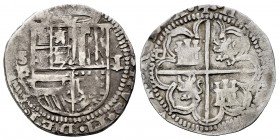 Philip II (1556-1598). 1 real. Sevilla. (Cal-259). Ag. 2,59 g. Double assayer d square in the 1st and 4th quarters on the reverse. We only know anothe...