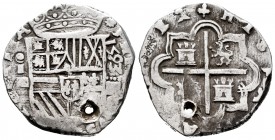 Philip II (1556-1598). 4 reales. 1593. Segovia. I. (Cal-Unlisted date). (Cy-3852). Ag. 13,49 g. Holed. Vertical date with four digits to the right of ...
