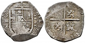 Philip II (1556-1598). 4 reales. 1595. Sevilla. B. (Cal-589). Ag. 13,59 g. Vertical date with four digits to the right of shield. Scarce. Choice VF. E...