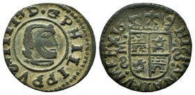 Philip IV (1621-1665). 8 maravedis. 16 (sic). Madrid. S. (Jarabo-Sanahuja-pag. 446, same coin). Ae. 1,69 g. Contemporary counterfeit. Choice VF. Est.....