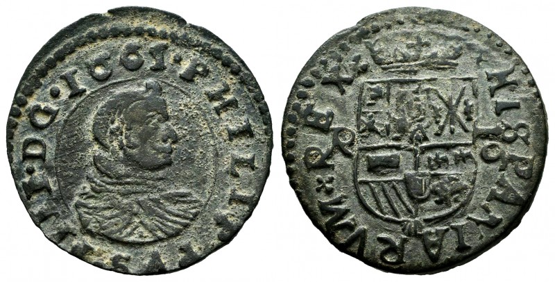 Philip IV (1621-1665). 16 maravedis. 1661. Coruña. R. (Cal-446). Ae. 4,08 g. Sca...