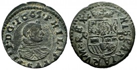 Philip IV (1621-1665). 16 maravedis. 1661. Coruña. R. (Cal-446). Ae. 4,08 g. Scallop below the shield. Date on obverse. Rare. Choice VF. Est...150,00....