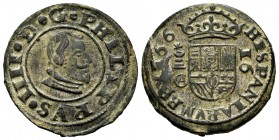 Philip IV (1621-1665). 16 maravedis. 166 (sic). Cuenca. (Cal-460). (Jarabo-Sanahuja-M-202). Ae. 4,72 g. Impossible date. Rare. Almost XF. Est...50,00....