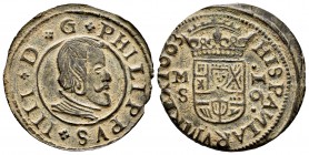 Philip IV (1621-1665). 16 maravedis. 1663. Madrid. S. (Cal-475). Ae. 4,45 g. Mintmark and assayer on the left. Almost XF. Est...40,00. 


SPANISH D...