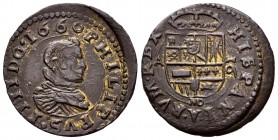 Philip IV (1621-1665). 16 maravedis. 1660. Madrid. A. (Cal-465). Ae. 5,64 g. Date on obverse. Mintmark MD below the shield. Rare. Almost XF/Choice VF....
