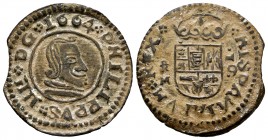 Philip IV (1621-1665). 16 maravedis. 1664. Trujillo. M. (Cal-507). Ae. 4,11 g. Inverted N on HISPANIARVM. Mintmark and assayer on the left. Choice VF....