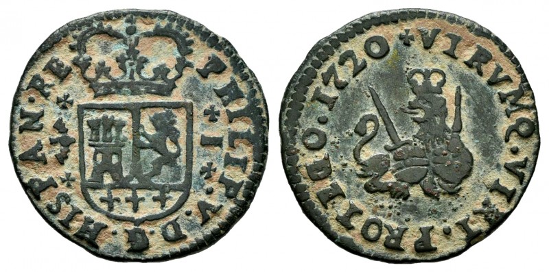 Philip V (1700-1746). 1 maravedi. 1720. Valencia. (Cal-49). Ae. 2,00 g. Choice V...