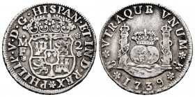 Philip V (1700-1746). 2 reales. 1739. México. MF. (Cal-821). Ag. 6,58 g. Hairline. VF. Est...60,00. 


SPANISH DESCRIPTION: Felipe V (1700-1746). 2...