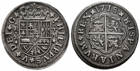 Philip V (1700-1746). 4 reales. 1718. Sevilla. M. (Cal-1222 var). Ag. 11,67 g. Inverted value 4. A good sample. Choice VF. Est...350,00. 


SPANISH...
