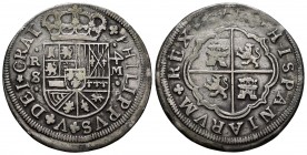Philip V (1700-1746). 4 reales. 171(8). Sevilla. M. (Cal-1223). Anv.: ✤ PHILIPPVS ✤ V ✤ DEI ✿ GRAT. Ag. 11,21 g. Inverted value 4. Striking error. VF....