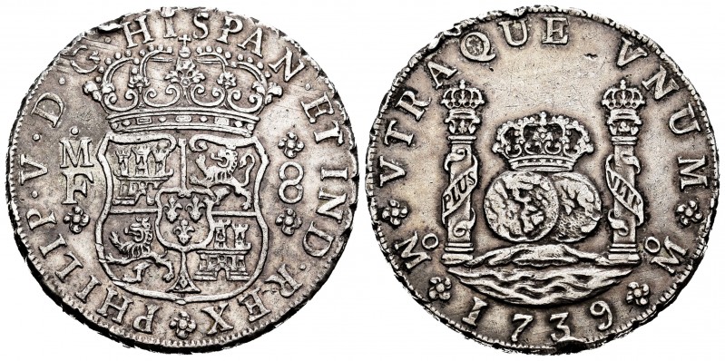 Philip V (1700-1746). 8 reales. 1739. México. MF. (Cal-1453). Ag. 26,89 g. Nicks...