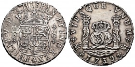 Philip V (1700-1746). 8 reales. 1739. México. MF. (Cal-1453). Ag. 26,89 g. Nicks on edge. Choice VF. Est...300,00. 


SPANISH DESCRIPTION: Felipe V...