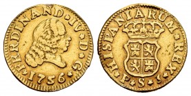 Ferdinand VI (1746-1759). 1/2 escudo. 1756. Sevilla. PJ. (Cal-581). Au. 1,74 g. Used as a jewelry piece. Very rare. King´s ordinal IV. Choice VF. Est....