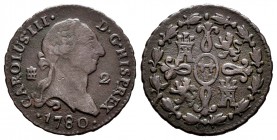 Charles III (1759-1788). 2 maravedis. 1780. Segovia. (Cal-43). Ae. 2,41 g. Very rare date. Choice F. Est...120,00. 


SPANISH DESCRIPTION: Carlos I...